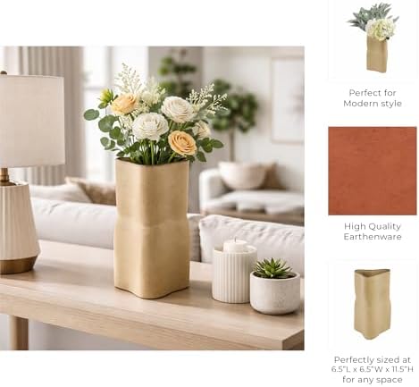 Modern Hourglass Vase for Home Decor - Ceramic Earthenware for Bathroom, Bedroom, Kitchen, and Living Room Styling - Flower Pot Accent for Office Shelf, Console, and Mantel Display - 12", Tan - Image 5