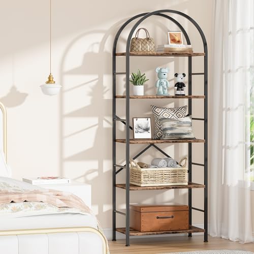 Shintenchi Bookshelf, Arched Bookshelf 5 Tier Bookcase, Tall Shelf for CDs/Books, Home Office Shelf Storage Organizer, Modern Book Shelf for Bedroom/Living Room, Brown - Image 2