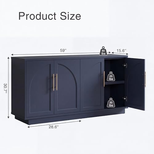 Fatmok Buffet Cabinet with Storage, 59'' Modern Arched Sideboard Cabinet w/Adjustable Shelves, Wood Media TV Console Table Credenza for Living Room Hallway Entryway, Dark Blue - Image 2
