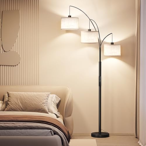 SUNMORY 3 Lights Floor Lamp with Remote Control and 3 Stepless Dimmable Bulbs, 78" Tall Standing Lamp with Hanging Drum Shade & Heavy Base, Modern Arc Floor Lamps for Living Room, Bedroom, Office - Image 6