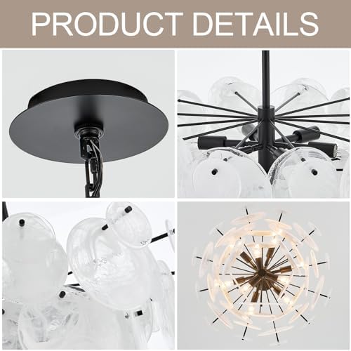 Dia 28 Inch, Modern Glass Chandeliers for Bedroom, Black Dining Room Light Fixture, Large Vintage Pendant Chandelier for Living Room Entryway Foyer - Image 6