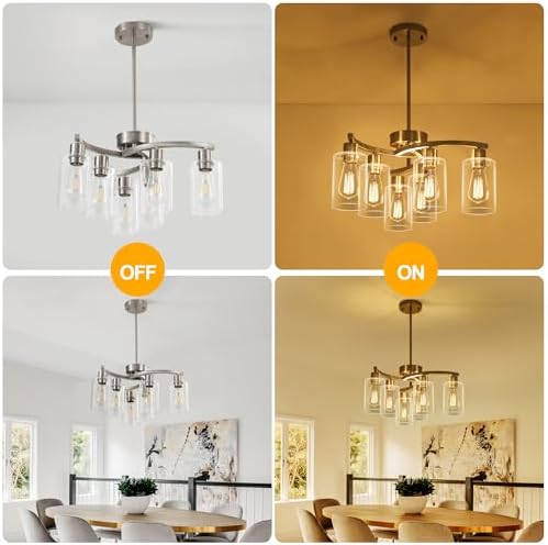 CNRATYE 6-Light Brushed Nickel Chandeliers for Dining Room Light Fixtures Over Table, Adjustable Height Hanging Industrial Pendant Lighting for Kitchen Island Bedroom, Clear Glass Shade - Image 5