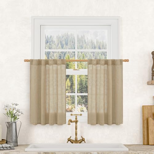 LAMIT Brown Linen Cafe Curtains 30 Inch Length for Small Windows, 2 Panels by LAMIT