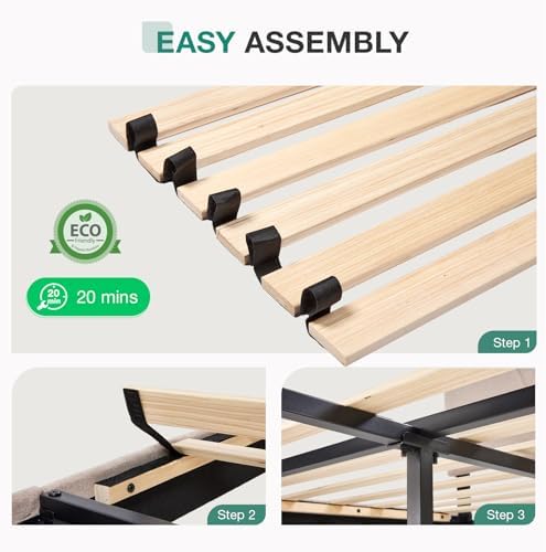 Novilla Full Size Bed Frame with Adjustable Headboard Platform Bed Frame Full Size Linen Fabric Upholstered Headboard, No Box Spring Needed, Wooden Slats Support, Easy Assembly, Light Beige - Image 7