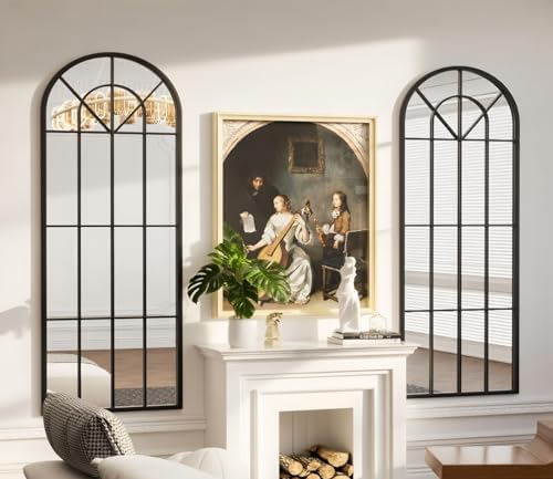 Dewfig Arched Windowpane Floor Mirror, 71"x 32" Full Length Mirror, Black - Image 4
