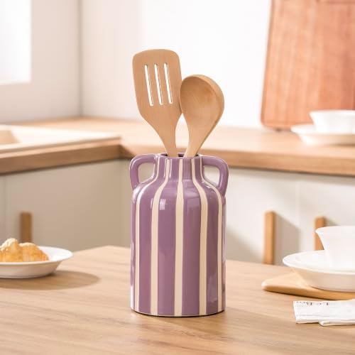 Ceramic Flower Vase with Handles, Modern Purple Striped Decorative Vase for Home Decor, 9.1" Art Floral Tall Flower Vases for Living Room & Kitchen, Mantel & Bookshelf, Centerpieces, Entryway - Image 4