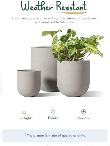 LE TAUCI 6, 8 & 10 Inch Ceramic Planter Set for Indoor Plants, Neutral Gray - Image 5
