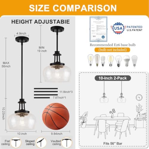 Modern Pendant Lights Kitchen Island, Matte Black Pendant Light Fixtures with 10" Clear Air Bubble Glass Shade, Industrial Hanging Pendant Lights Fixture for Kitchen Island Dining Room Entryway - Image 5