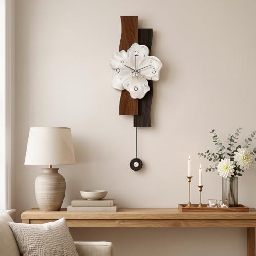 Flower Wall Clocks Battery Operated Decorative with Pendulum 9*24in,Brown - Image 4