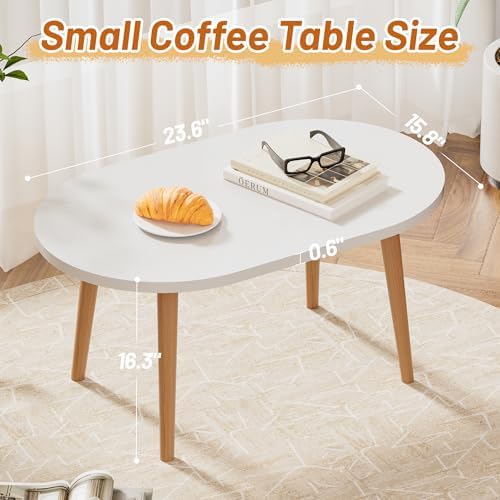 Small Coffee Table, Low Table with Solid Wood Legs, 23.6" Mini Oval Accent Table Side End Table, Floor Table Desk for Sitting on The Floor, Coffee Tea Table for Living Room, Dorm, Apartment, White - Image 2