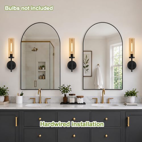 MOKATNG Hardwired Wall Sconces Set of Two, Matte Black Bathroom Sconces with Amber Glass, Modern Wall Light Fixtures for Bathroom Mirror Vanity, Living Room, Hallway, Stairway, Cabinet, Foyer - Image 3
