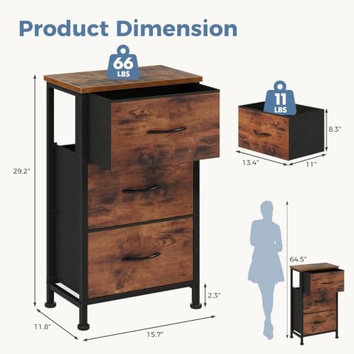 DUMOS 3 Drawer Nightstand for Bedroom, Small Night Stand Chest of Drawers - Image 3