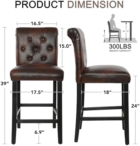 LSSBOUGHT 24 Inches Leather Counter Height Stools Set of 4 with Solid Wood Legs Bar Chairs for Kitchen lsland & Dining Room(Brown,4PCS) - Image 2