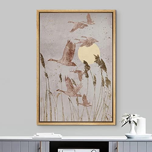 NWT Framed Canvas Print Wall Art Crane Bird Wheat Field Sunlight Nature Wilderness Illustrations Modern Art Decorative Landscape Rustic Zen Colorful for Living Room, Bedroom, Office - 16"x24" Natural - Image 2