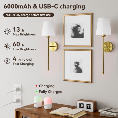 Battery Operated Wall Sconce Set of 2, RF Remote, Brass and Beige Shade - Image 3