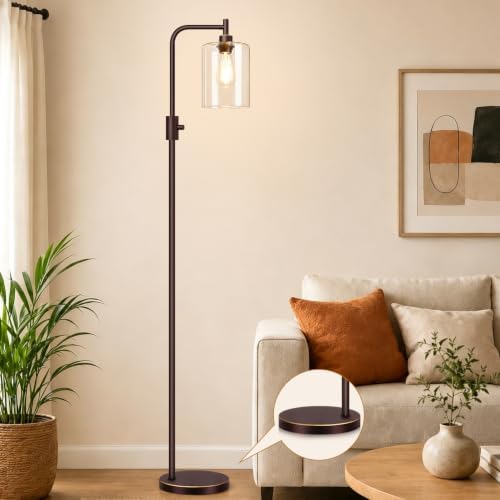 【Upgraded】 Dimmable Floor Lamp for Living Room with Glass Lampshade, Brown with GoldEdge Modern Floor Lamp with 900LM LED Bulb Included, Standing Tall Lamp for Bedroom, Office, Reading Room, Corner by Yemela