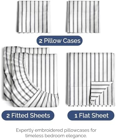 Split King Size 5 Piece Sheet Set - Breathable & Cooling - Grey Stripes - Image 2