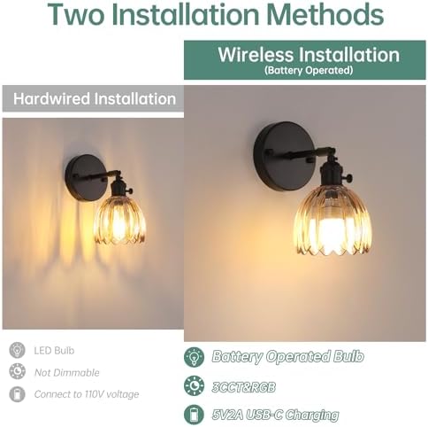 Shenmoyl Vintage Battery Operated Wall Sconce with Amber Tulip Glass Lampshade Rechargeable Battery Powered Black Wall Light with Remote Control for Bedside Bedroom Doorway - Image 3