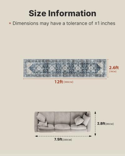 Amada 2'6"x12' Washable Runner Rug for Hallway, Blue, Vintage Style - Image 2