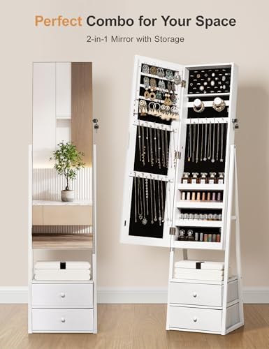 Nicetree Jewelry Cabinet Armoire, 2 Drawers, Full Length Mirror, Pure White - Image 3