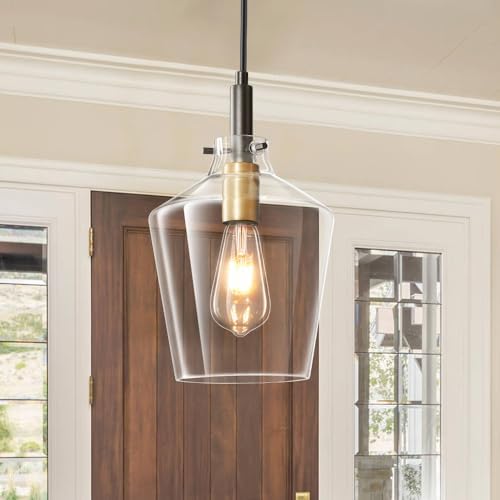 Glass Pendant Lighting for Kitchen Island 1 Pack Black Gold Clear 8 Inch by Vaziden
