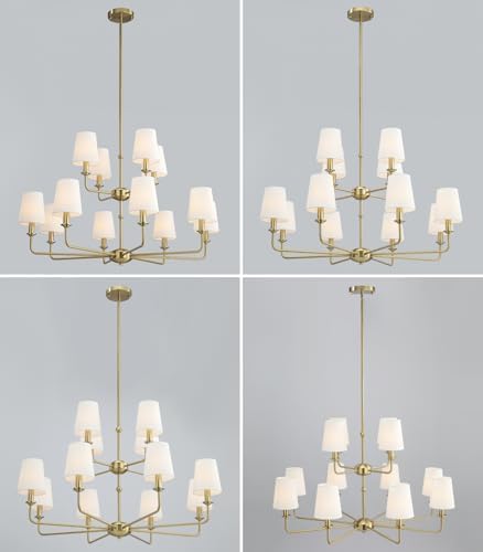 12-Light Brushed Gold Chandelier, E12 Bulb Compatible, White Fabric Shades, Adjustable Rod, Farmhouse & Industrial Style Ceiling Light for Living Room Dining Room Bedroom - Image 6
