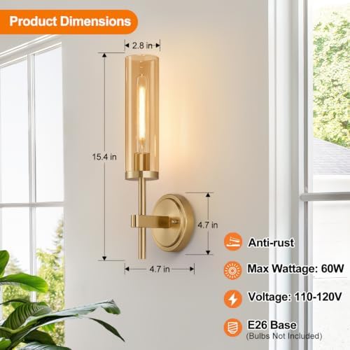 MOKATNG Hardwired Wall Sconces Set of Two, Brushed Gold Bathroom Sconces with Amber Glass, Modern Wall Light Fixtures for Bathroom Mirror Vanity, Living Room, Hallway, Stairway, Cabinet, Foyer - Image 6