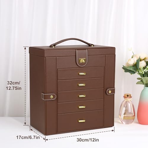 Kendal Extra Large Jewelry Box Jewelry Case PU Leather 6 Tier 5 Drawers Large Storage Capacity with Mirror Jewelry Storage Organizer Great Gift Also Good For Watches LJC-SHD5BN (Brown) - Image 2