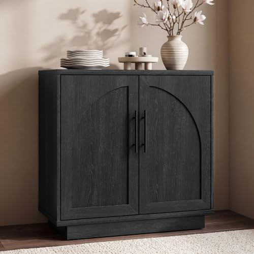 Fatmok Arched Sideboard Buffet Accent Cabinet, 31.5" Credenza with Adjustable Shelf, 1-Piece Modular Coffee Station Storage for Kitchen Living Room Bedroom, Black Grey by Fatmok