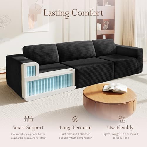 Vesgantti 119" Modular Sectional Sofa, Corduroy Cloud Couch with Deep Seating & Spring Support, 3 Seater Flexible Layout Sofa, Boneless Couch for Living Room & Apartment, No Assembly Required, Black - Image 4