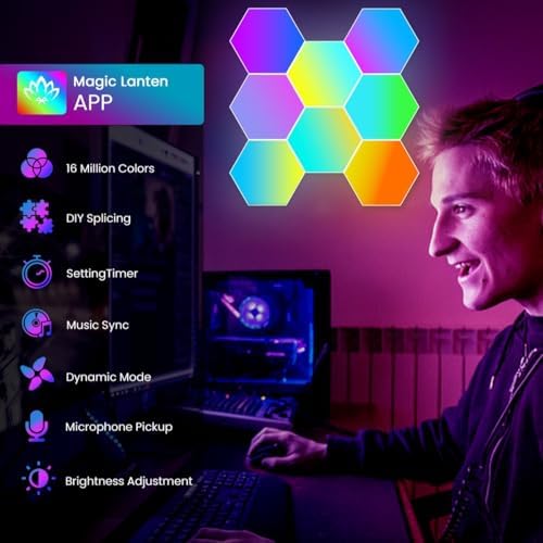 TISOFU 8 Pack Hexagon Lights LED Wall Panels, RGB Color Gaming Light Decoration with APP/Music Sync & Remote, Boys DIY Smart Modular Hexagonal Honeycomb Bedroom Glide Hex Tiles Panel - Image 2