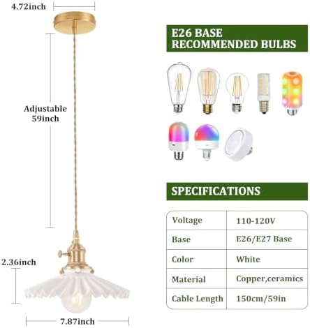 Shenmoyl Pendant Light 2 Pack with White Pleated Ceramic Lmapshade, Brass Vintage Pendant Light Adjustable Hanging Light for Kitchen Island Dining Room Hallway - Image 6