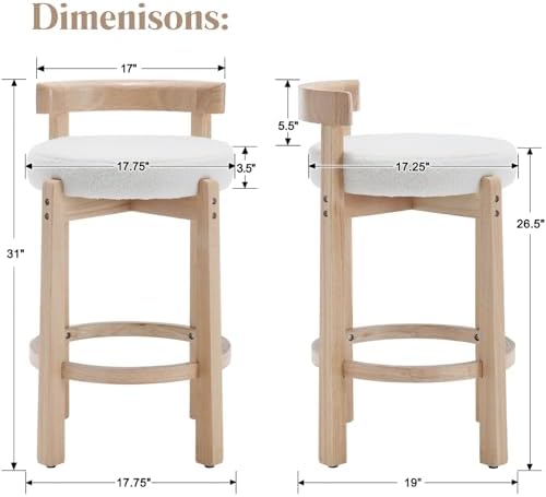 LukeAlon Sherpa Counter Stools Set of 4, Mid Century Upholstered 26.5" Seat Height Low Barstools with Natural Wood Legs Round Low Back Kitchen Stools with Footrest for Dining Room, White - Image 2