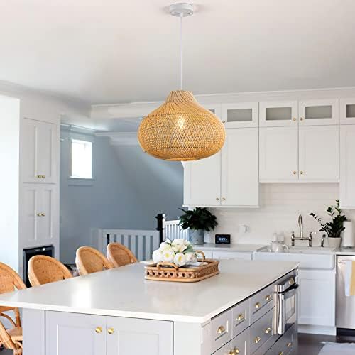 Rattan Pendant Light, 16.5" Hand-Woven Wicker Chandelier Boho Hanging Light Fixture, Farmhouse Natural Raindrop Basket Ceiling Light for Dining Room Kitchen Island Bedroom Living Room, E26 - Image 4