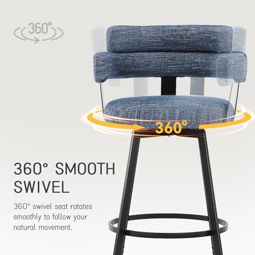 30 Inch Bar Stools Set of 2 with Full Back, Swivel Bar Chairs with Linen Padded Back, Metal Footrest, Modern Bar Height Stools for Kitchen Island, Dining, Living Room, Blue - Image 5