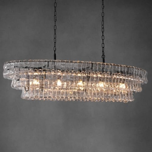 YIOSI 54 Inch Large Rectangular Black Chandelier for Dining Room, Clear Glass Drum Modern Pendant Light Fixture, Extra Long Kitchen Island Lighting by YIOSI