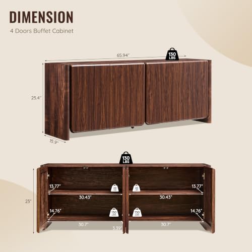 66" Modern Buffet Cabinet w/Storage, Large Sideboard, Brown - Image 2
