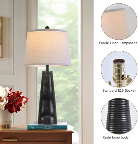 Terpsichore Nightstand Lamp Bedside Lamps Set of 2 Desk Lamp Vintage Rustic Farmhouse Table Lamp 3 Way Dimmable Light,Bulb*2,USB A+C Port (Black with Gold, High 27 Inch) - Image 6