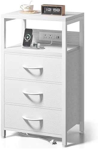 Lazzanto Night Stand with Charger Station, 3 Fabric Drawers, White by Lazzanto