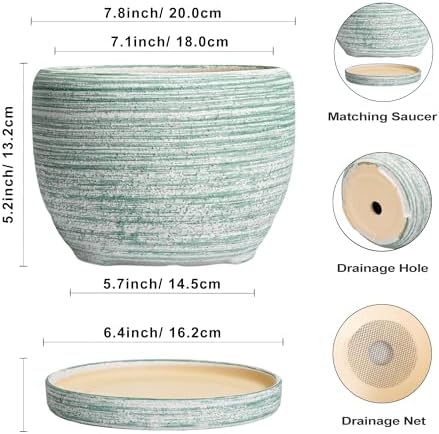 SQOWL Ceramic Planters for Indoor Plants - 8 inch Plant Pot Outdoor, Ceramic Flower Pot with Drainage Hole and Saucer, Round Modern Planter, Living Room Apartment Decor, Birthday Gifts, Green - Image 3