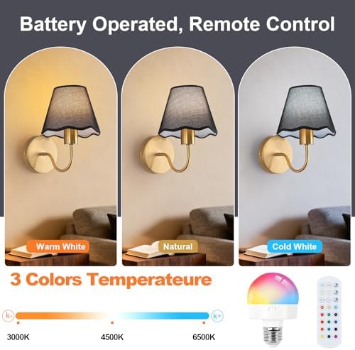 ADISUN Battery Operated Wall Sconce Set of 2, Gold Wall Lamps Rechargeable Bulbs for Living Room, Black Rattan Shade, Wireless Wall Lights for Bedroom Living Room Hallway Kitchen(2 Bulbs Included) - Image 3