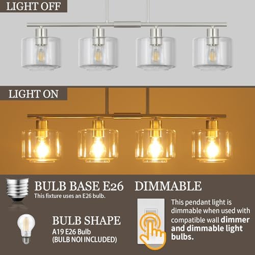 4-Light Brushed Nickel Kitchen Island Lighting, Modern Linear Dining Room Chandelier Light Fixtures with Clear Glass and Chain, Mid Century Hanging Lights for Kitchen Island, OS-YQ8153-4ISBNC - Image 4