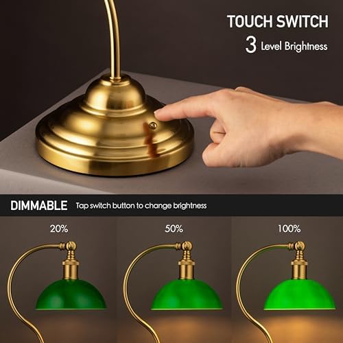 O'Bright Bankers - Cordless LED Table Lamp, Battery-Operated, Rechargeable, 3-Level Dimming, Universal USB-C Charging, 180° Swivel Head, Classic Green Glass Shade, Antique Brass - Image 2