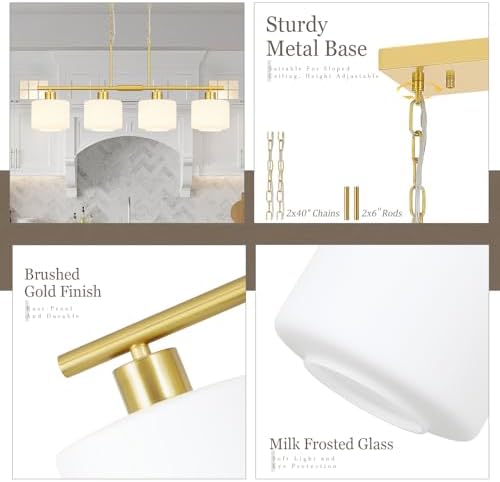 4-Light Brushed Gold Kitchen Island Lighting, Modern Linear Dining Room Chandelier Light Fixtures with Milk Glass and Chain, Mid Century Hanging Lights for Kitchen Island, OS-YQ8153-4ISBGW - Image 2