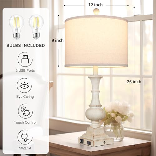 26" Farmhouse Table Lamps, Table Lamps For Living Room Set of 2 with USB A+C Ports & AC Outlet, Vintage Rustic Touch Control 3-Way Dimmable Boho Nightstand Lamp White Washed Resin for Bedroom Deocr - Image 3