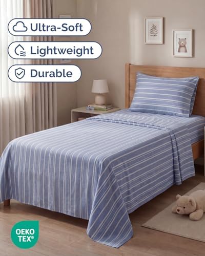 Twin Size 3 Piece Sheet Set - Breathable & Cooling Sheets - Blue Stripes - Image 2