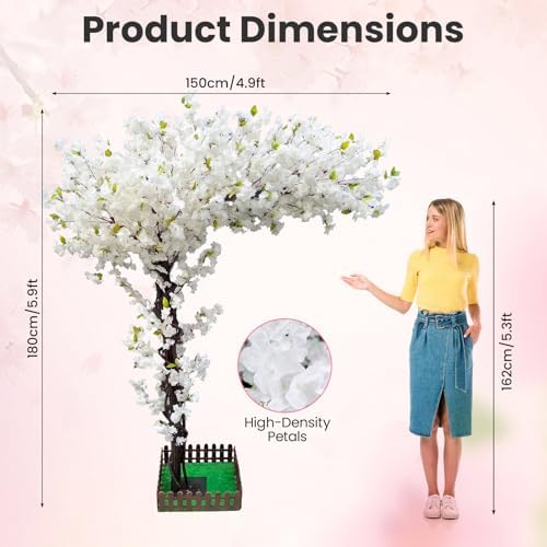 6FT Artificial White Cherry Blossom Tree, Faux White Cherry Blossom Tree with Dense Flowers and Sturdy Base, Indoor Fake Sakura Plant for Home Decor Living Room Office Wedding Party Event - Image 2