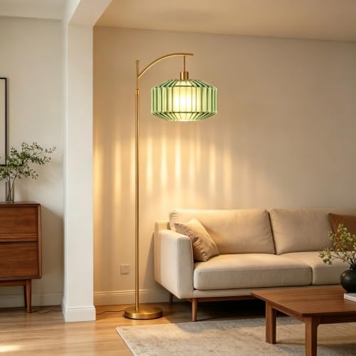 QIYIZM Green Floor Lamp for Living Room,Bedroom,Glass Standing Lamp with Remote Dimmable,Arc Mid Century Modern Vintage Tall Lamp Gold Brass Floor Lamps Flower Retro Floor Light Lamp Bohemian Boho - Image 3