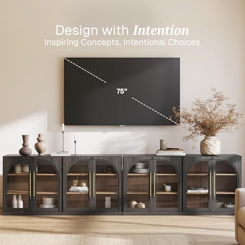 BELLEZE 2-Piece 65" Arched Sideboard with Glass Door, Accent Buffet Cabinet with Storage and Adjustable Shelves, Classic Modern Large Console for Living Room Kitchen Entryway (Ebony) - Image 4