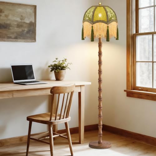 AHDWDW Vintage Floor Lamp for Living Room Bedroom,Victorian Floor Lamps with Remote,Wood Standing Tall Lamp with Green Tassels Velvet Lampshade,Fringe Dimmable Floor Lamp for Corner Reading Decor - Image 6
